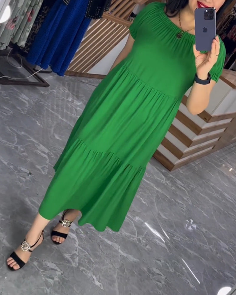 Solid color round neck short sleeve dress
