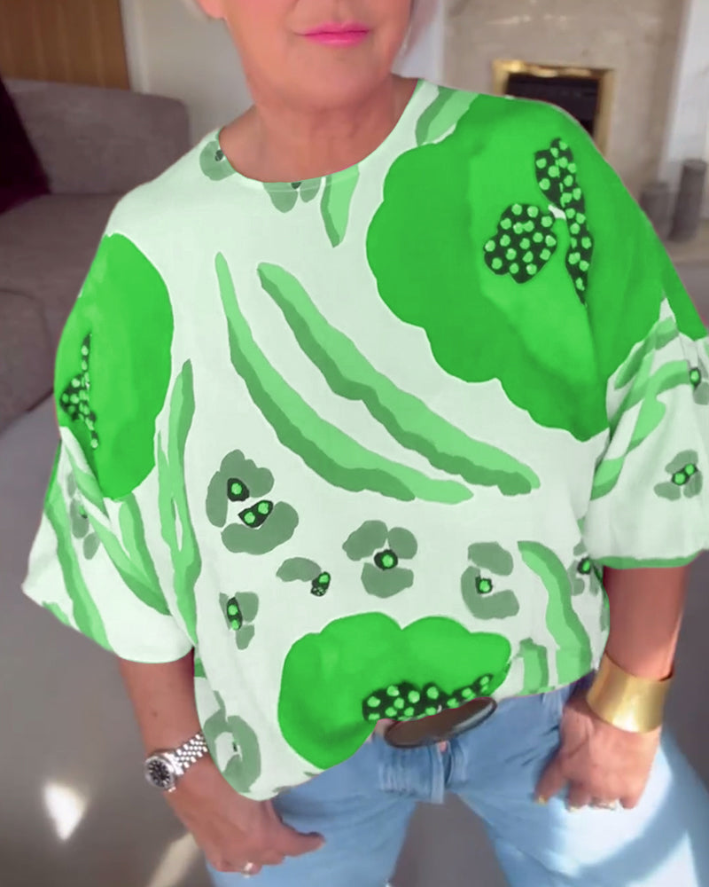 Round neck printed half-sleeve casual top