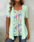 Faux Two-Piece Print Hollow Blouse