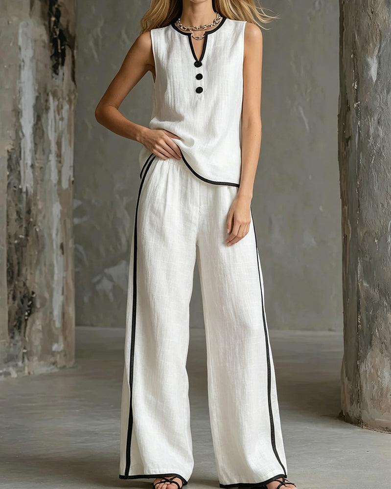 Sleeveless Color-Block Wide-Leg Pants Set