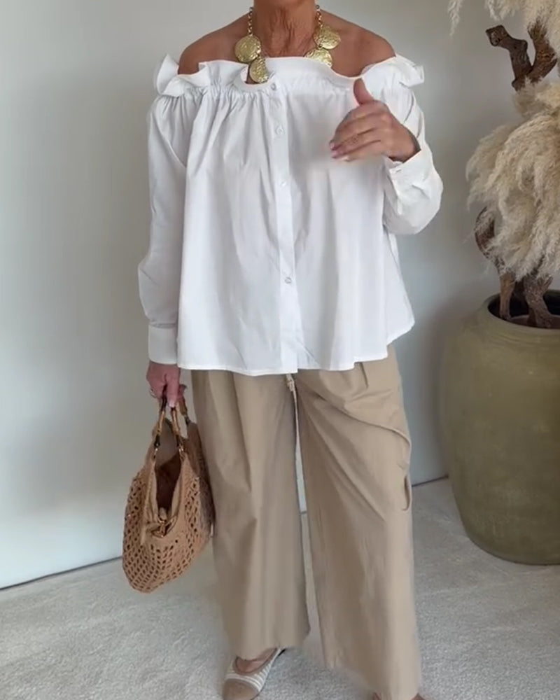 Ruffle Trim Off-Shoulder Button-Front Long Sleeve Blouse