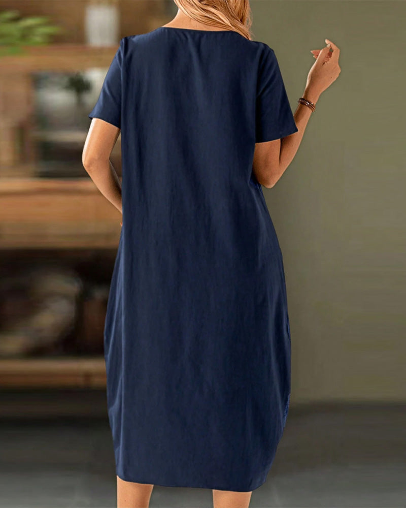 Buttoned Short Sleeve Pocket Shift Dress