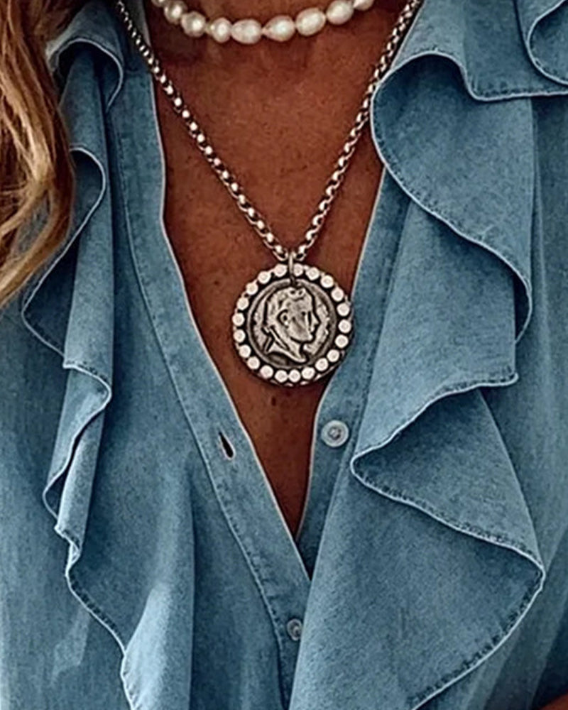 Denim V-Neck Ruffle Collar Blouse