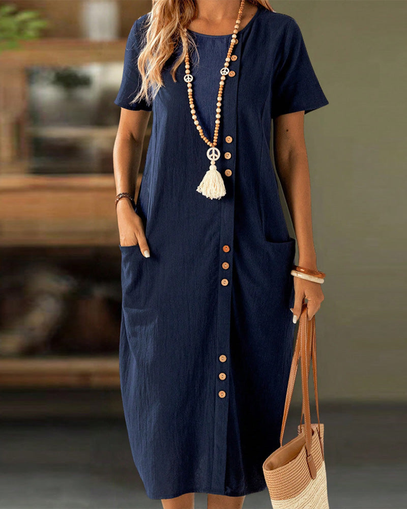 Buttoned Short Sleeve Pocket Shift Dress
