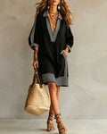 Striped Print Lantern Sleeve V-Lapel Dress