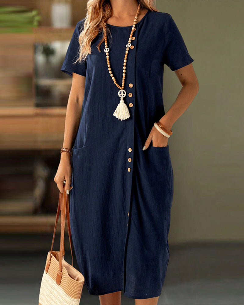 Buttoned Short Sleeve Pocket Shift Dress