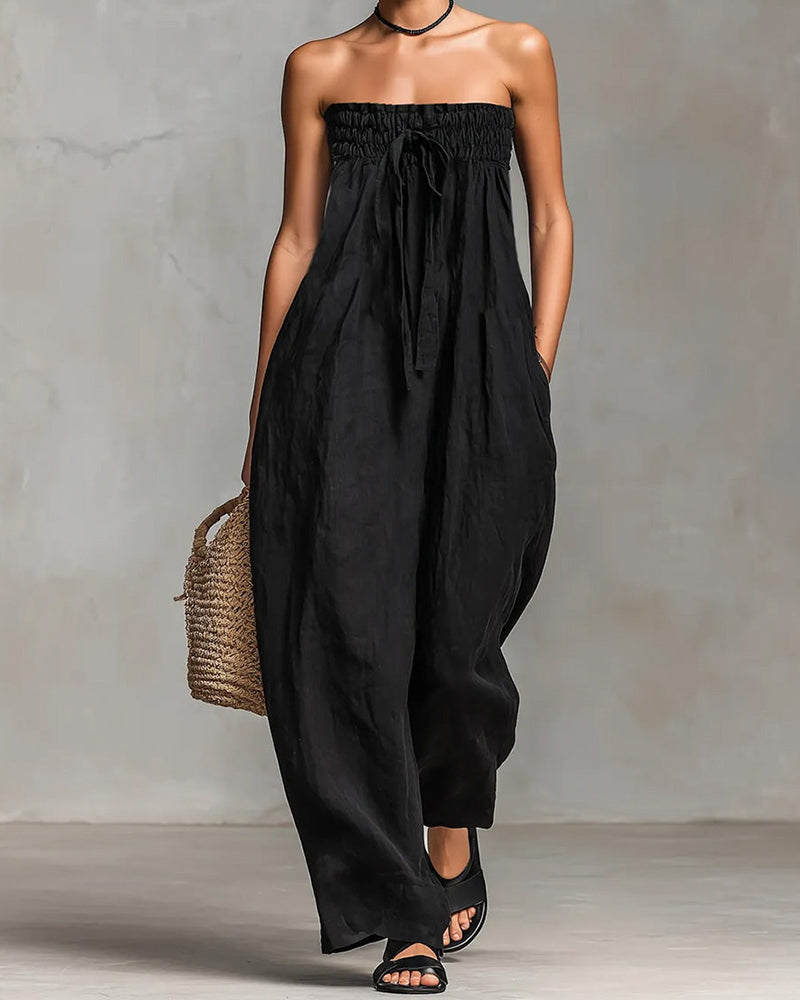 Strapless Solid Color Lace-Up Jumpsuit
