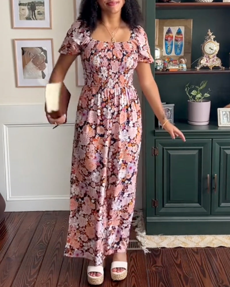 Square Neck Floral Shirred Jumpsuit