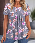 Crew Neck Pleated Print Blouse