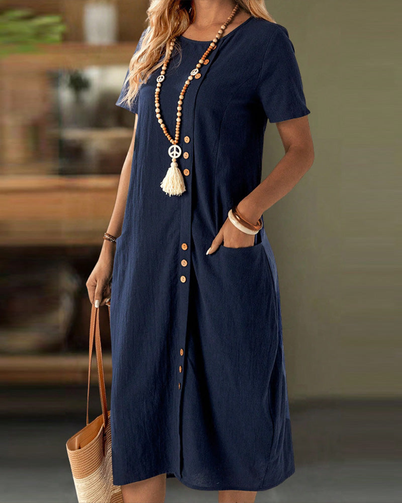 Buttoned Short Sleeve Pocket Shift Dress