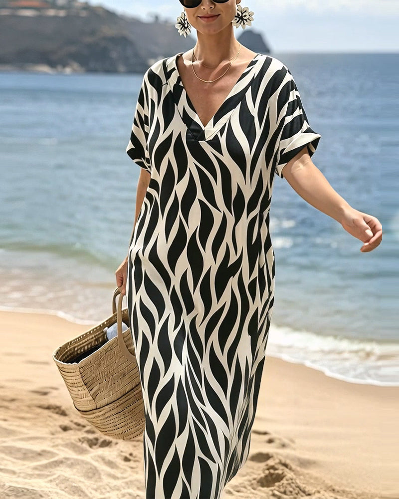 V-Neck Short Sleeve Loose Fit Dress