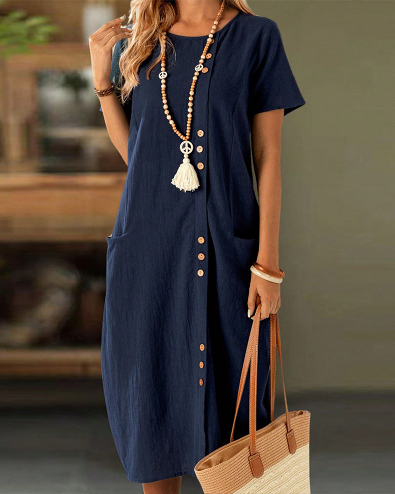 Buttoned Short Sleeve Pocket Shift Dress