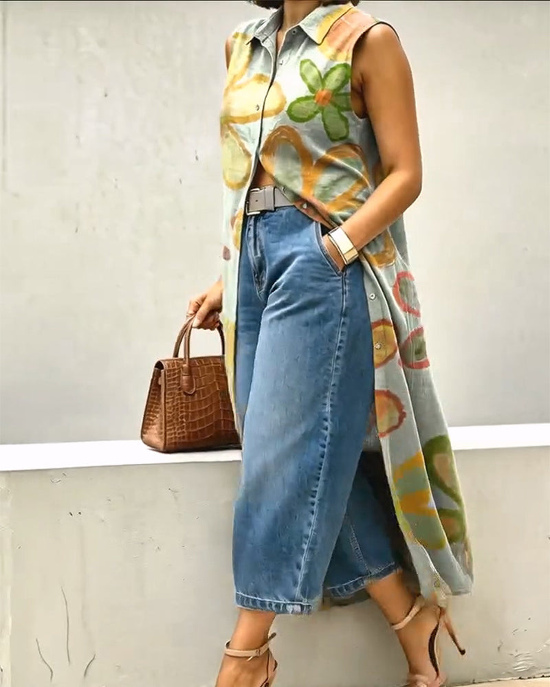 Watercolor Print Long Sleeveless Shirt Dress