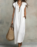 V-Neck Ruffled Sleeveless Long Dress