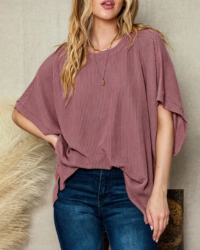 Ribbed Batwing Sleeve Loose T-Shirt