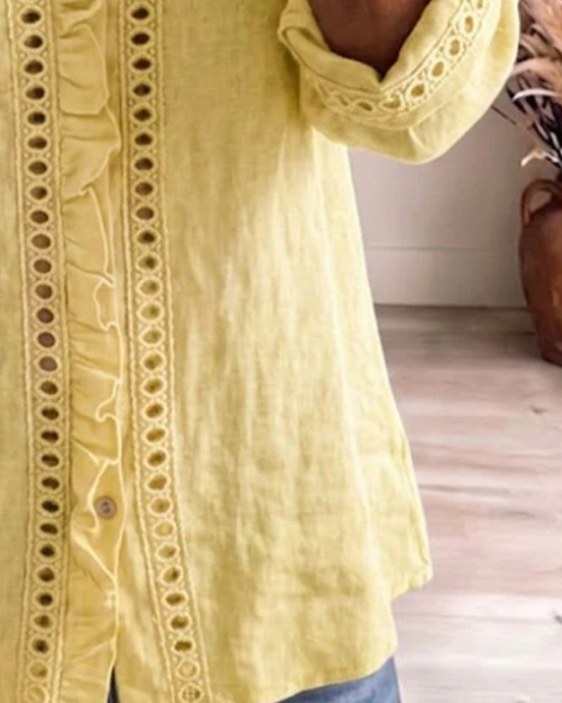 V-Neck Ruffle Collar Hollow Out Blouse