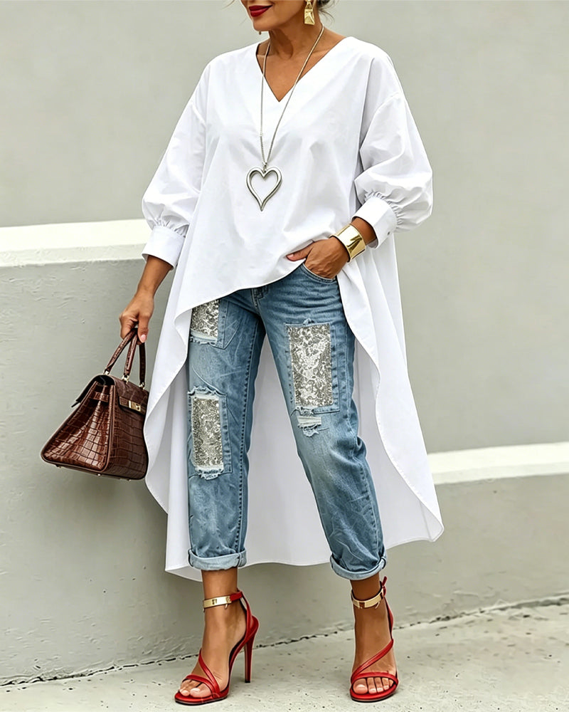 V-Neck Asymmetric Long Top