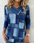 V-Neck Contrast Solid Color Long-Sleeved Top