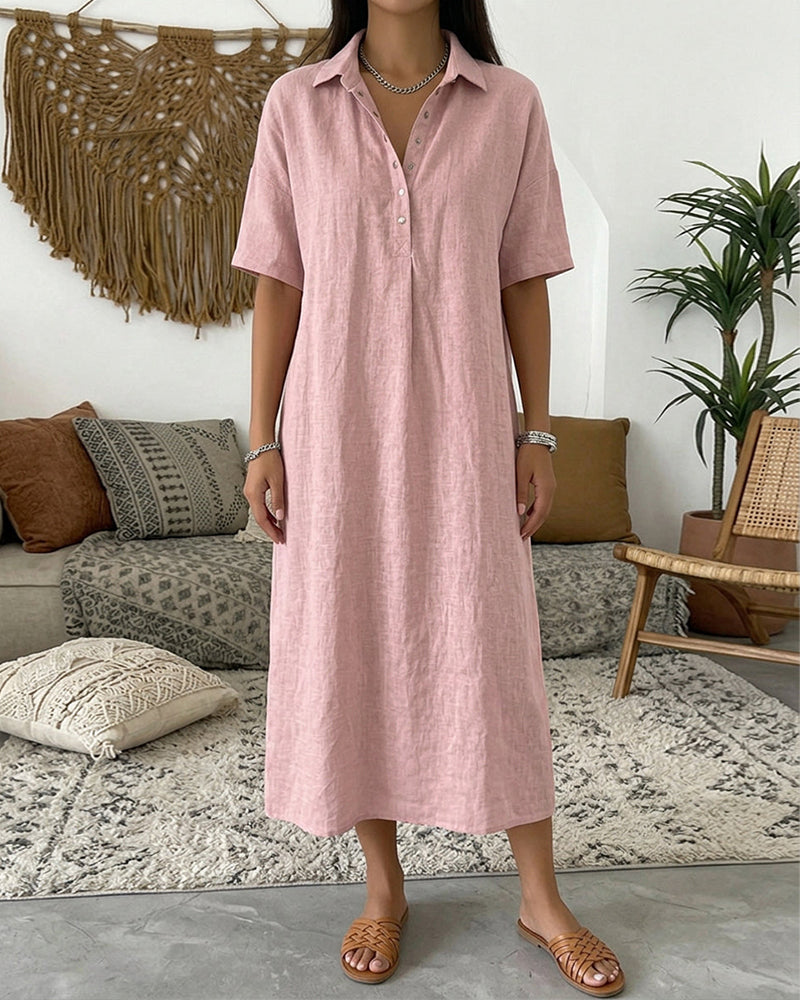 Solid-Color Half-Placket Shirt Dress