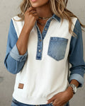 Button Lapel Color Block Spliced Sweatshirt