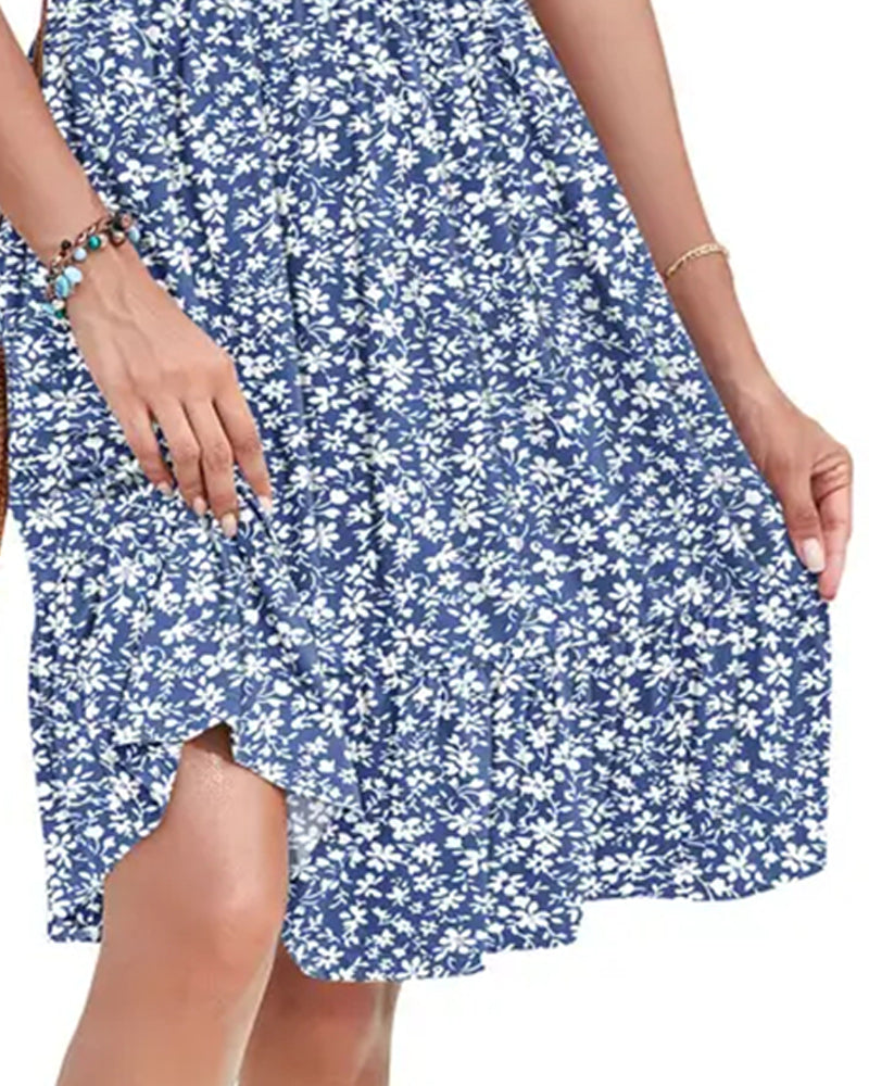 Square Neck Floral Short-Sleeve A-Line Dress