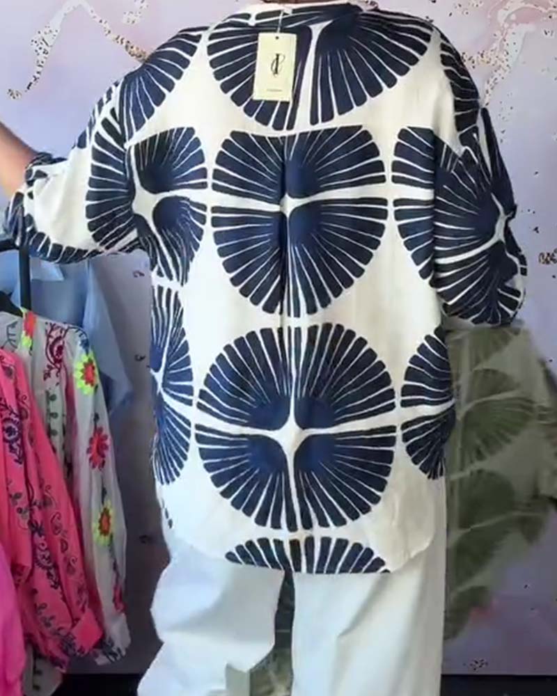 Fan-Print V-Neck Blouse