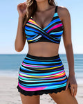 V-Neck Striped Skirt Swimsuit