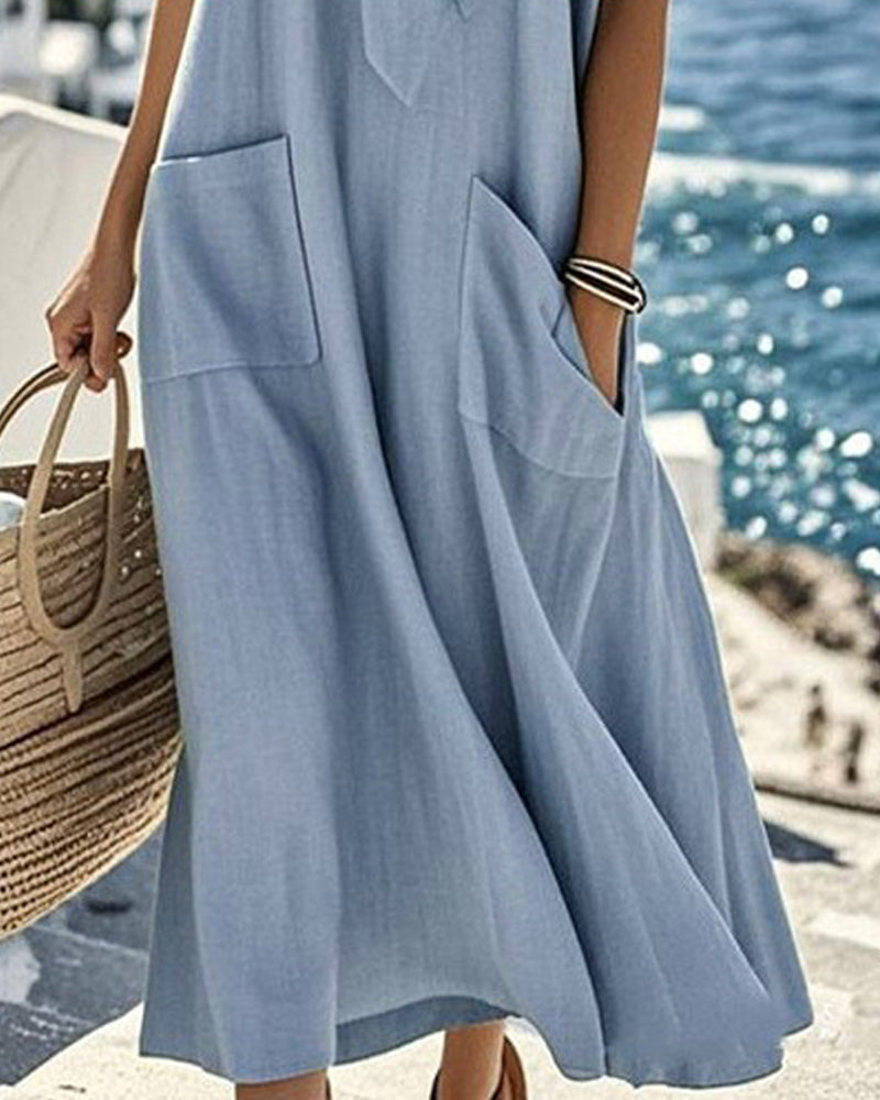 Solid Color Bow Collar Short-Sleeve Dress