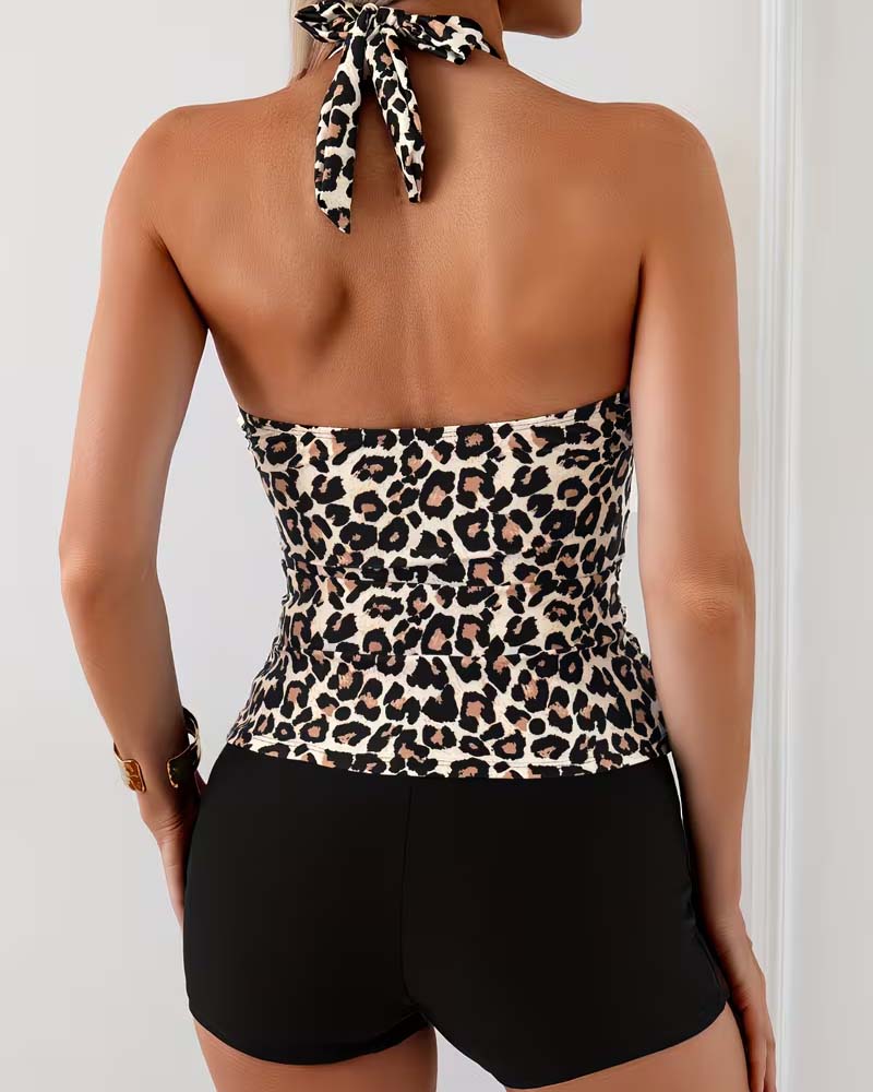 Halter V-Neck Leopard Print Tankini