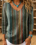 V-Neck Colorful Vertical Striped Print Top