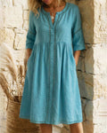 100% Cotton Hollow Out V-Neck Button-Front Dress