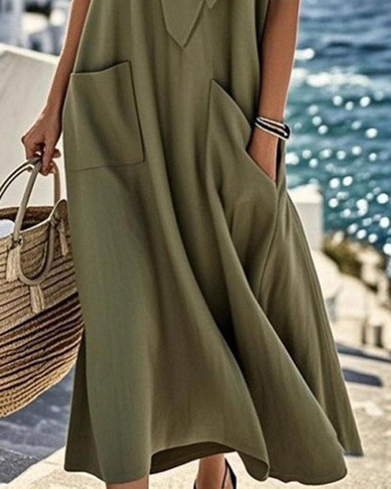 Solid Color Bow Collar Short-Sleeve Dress
