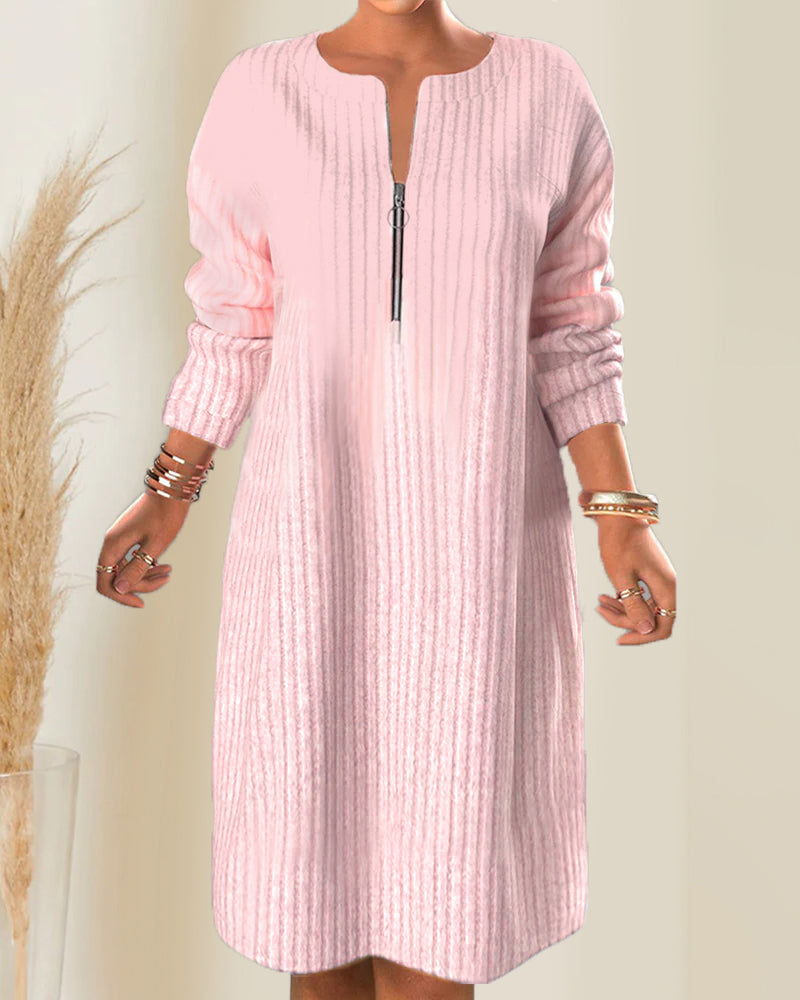 Solid Color Zipper Neck Dress