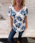 Crew Neck Floral Print Pleated T-Shirt