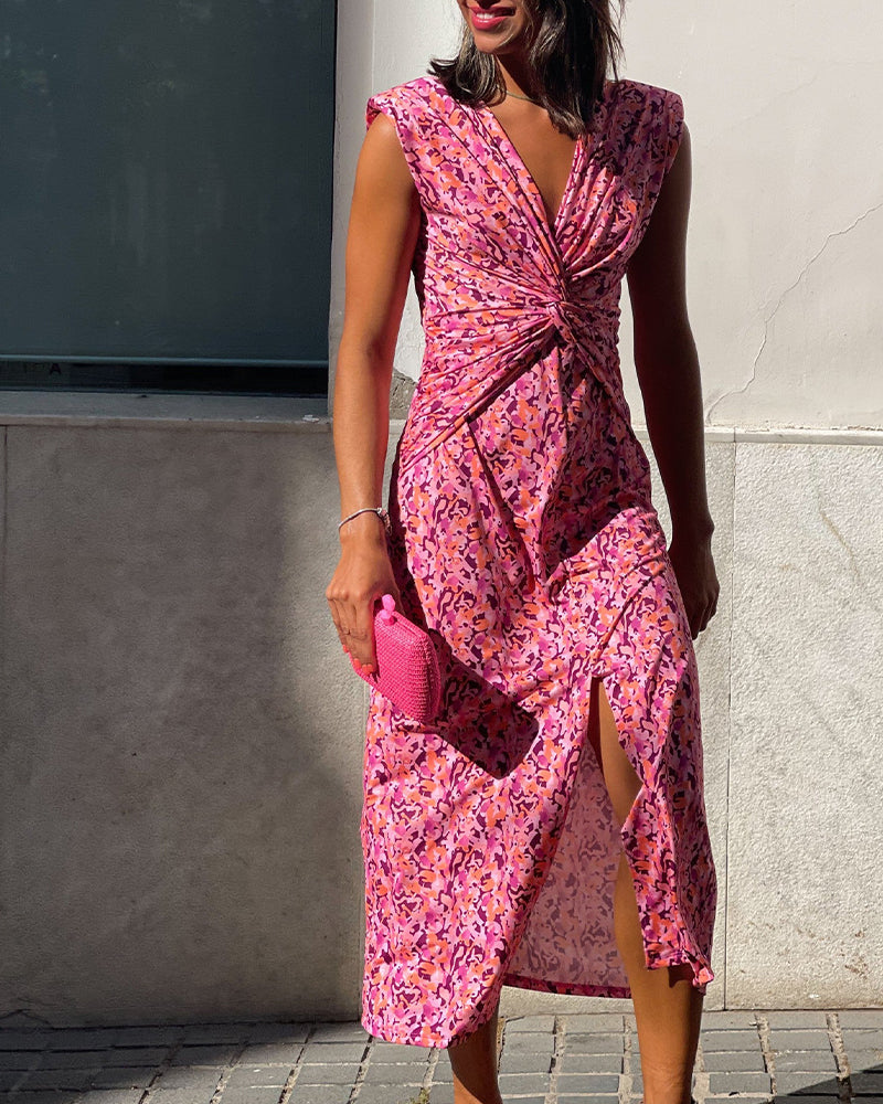 V-Neck Twist Knot Slit Print Dress