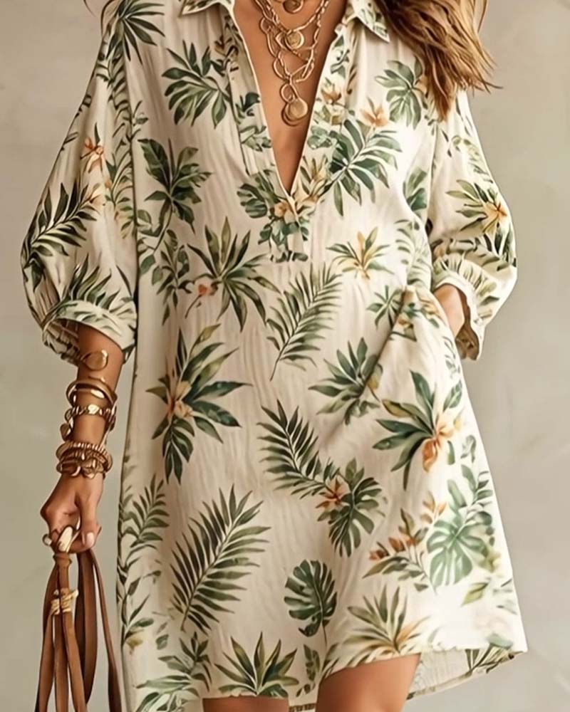 V-Lapel Puff Sleeve Floral Print Dress