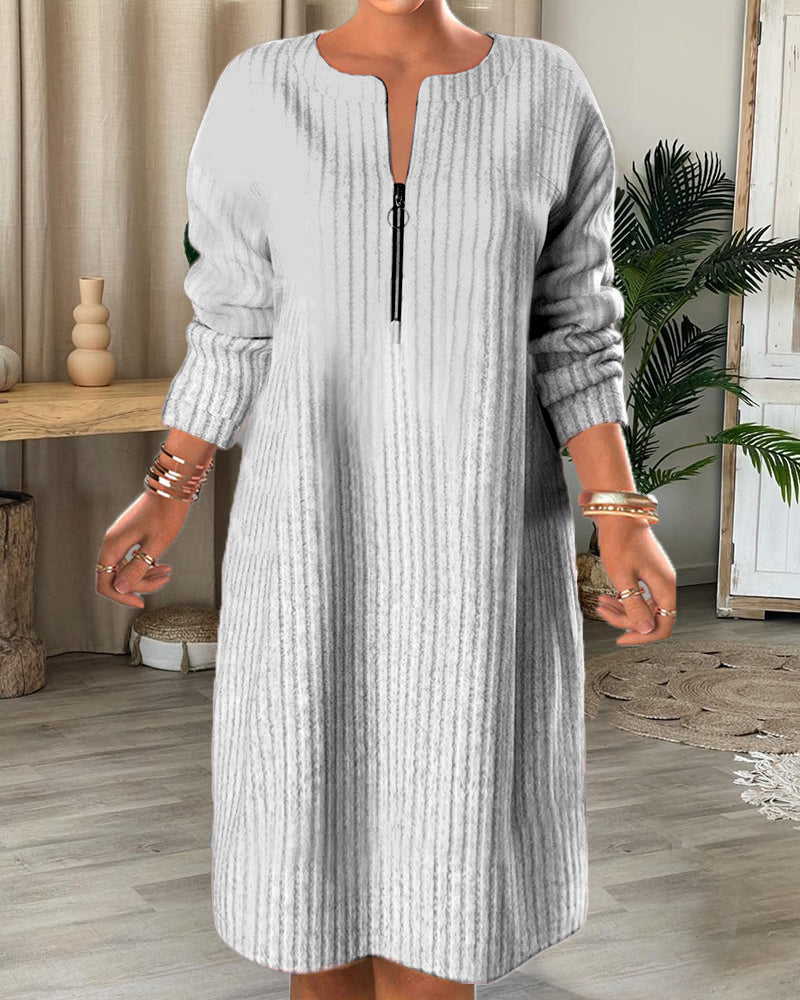 Solid Color Zipper Neck Dress