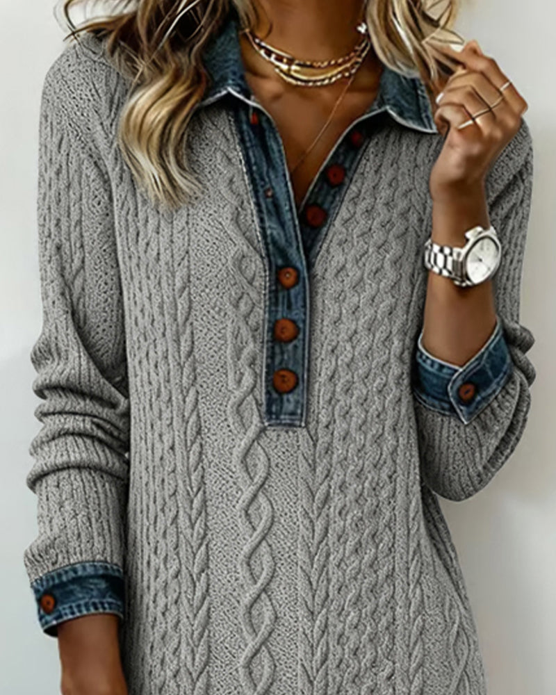 Denim cable knit patchwork collared dress