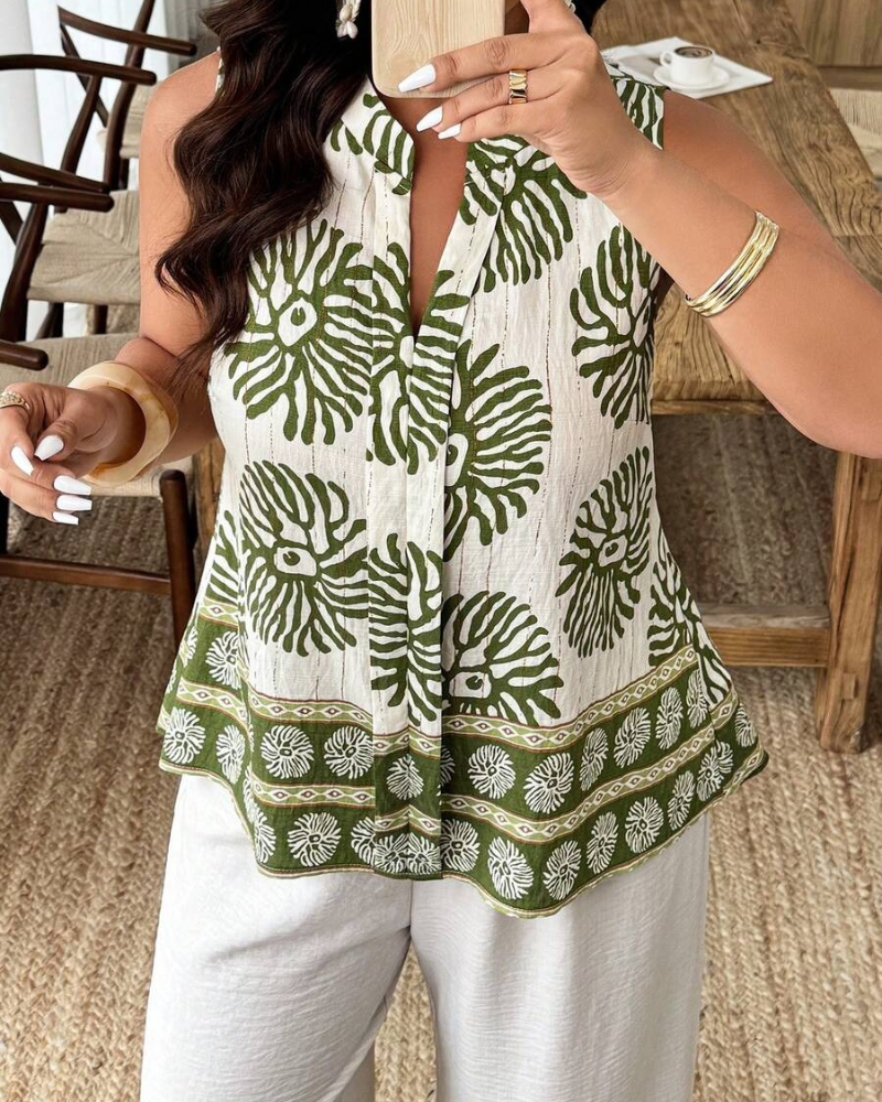 Plant Print Vest-Style Sleeveless Blouse