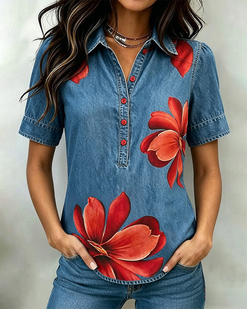 Collared Button-Down Printed Top