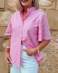 Stand-Up Collar Ruffled Openwork Shirt