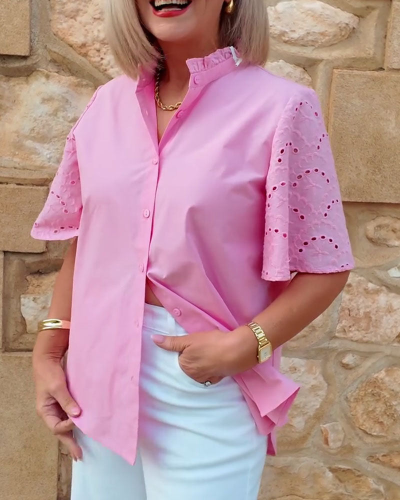 Stand-Up Collar Ruffled Openwork Shirt