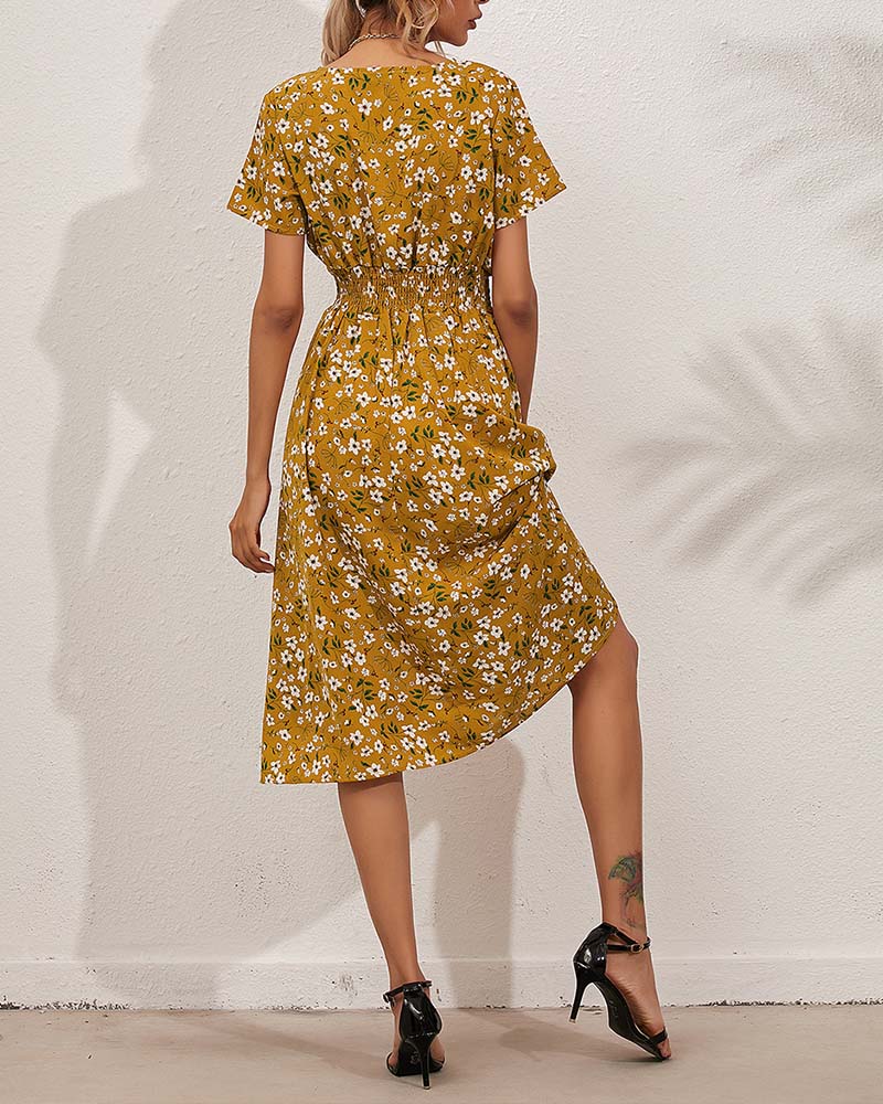 V-Neck Cinched Waist Floral Print Midi Dress