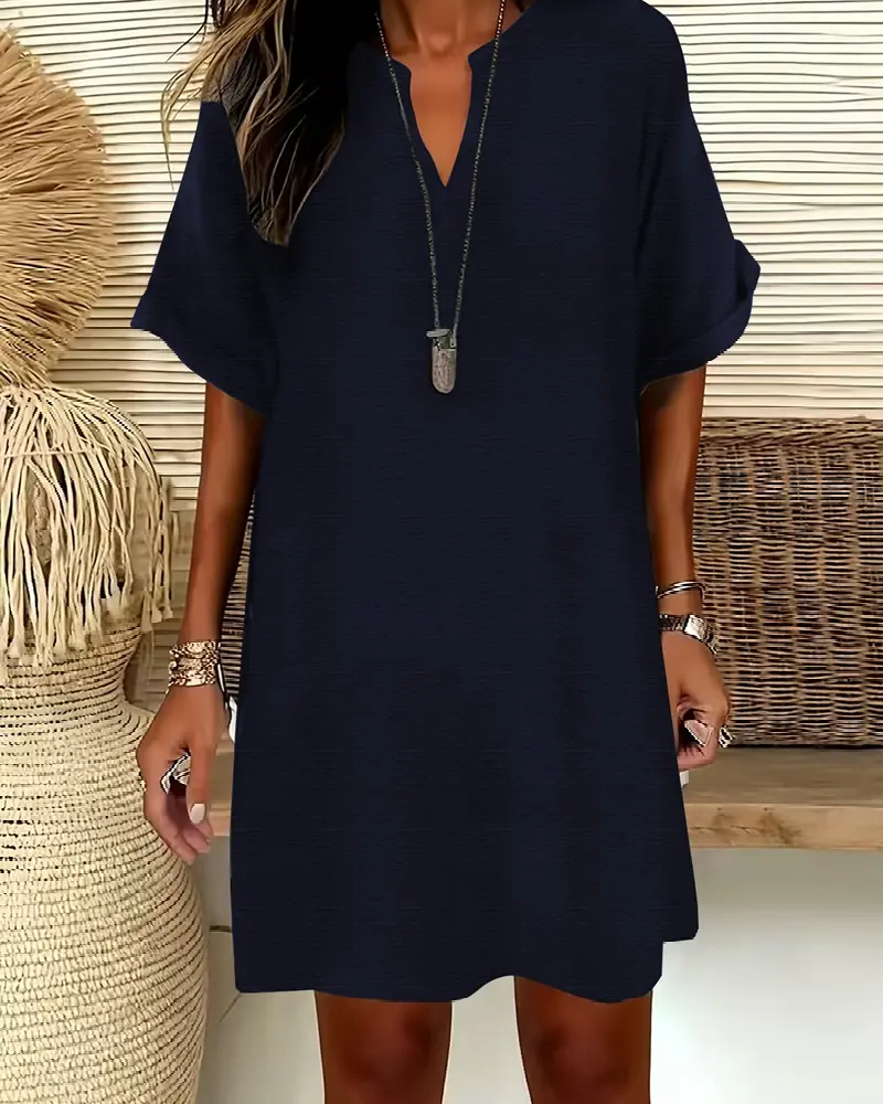 V-Neck Short Sleeve Solid Sheath Dress