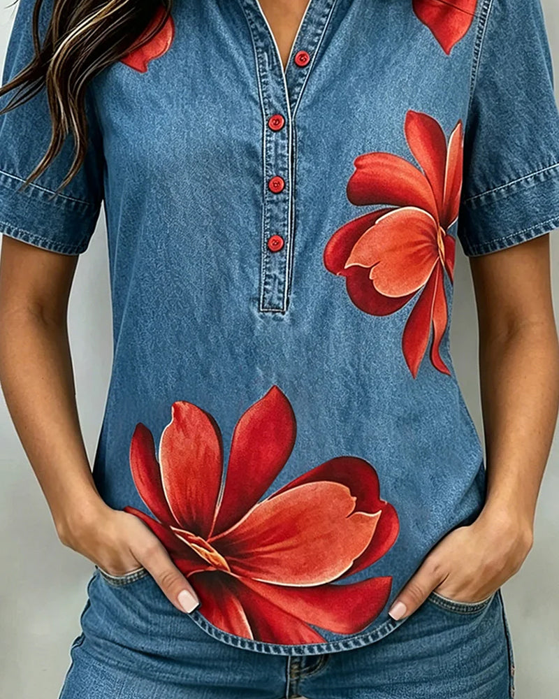 Collared Button-Down Printed Top