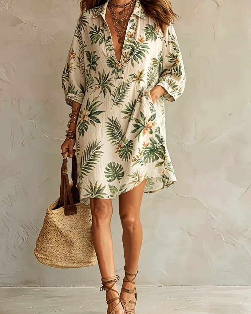 V-Lapel Puff Sleeve Floral Print Dress