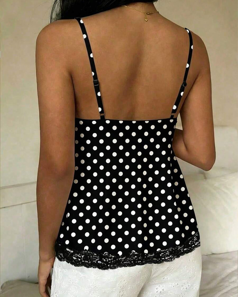 Polka Dot Lace-Trimmed Cami Top