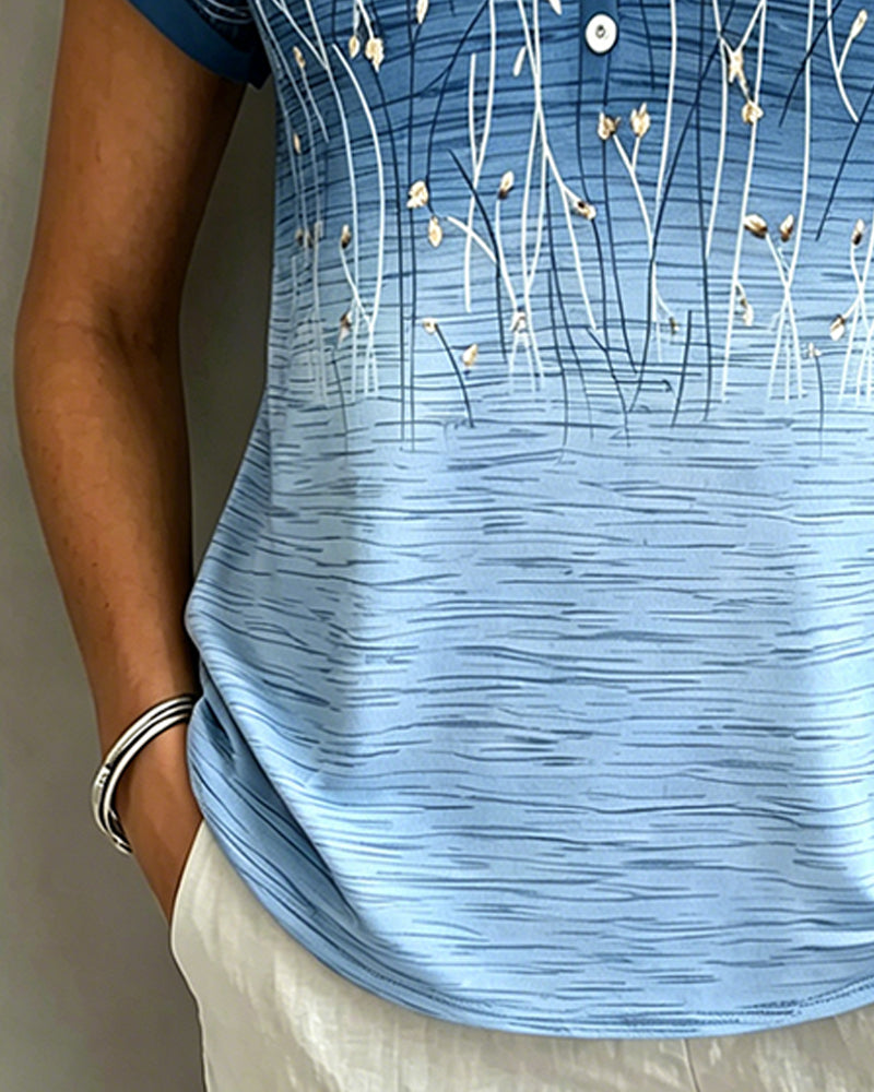 V-Neck Short Sleeve Gradient Print T-Shirt