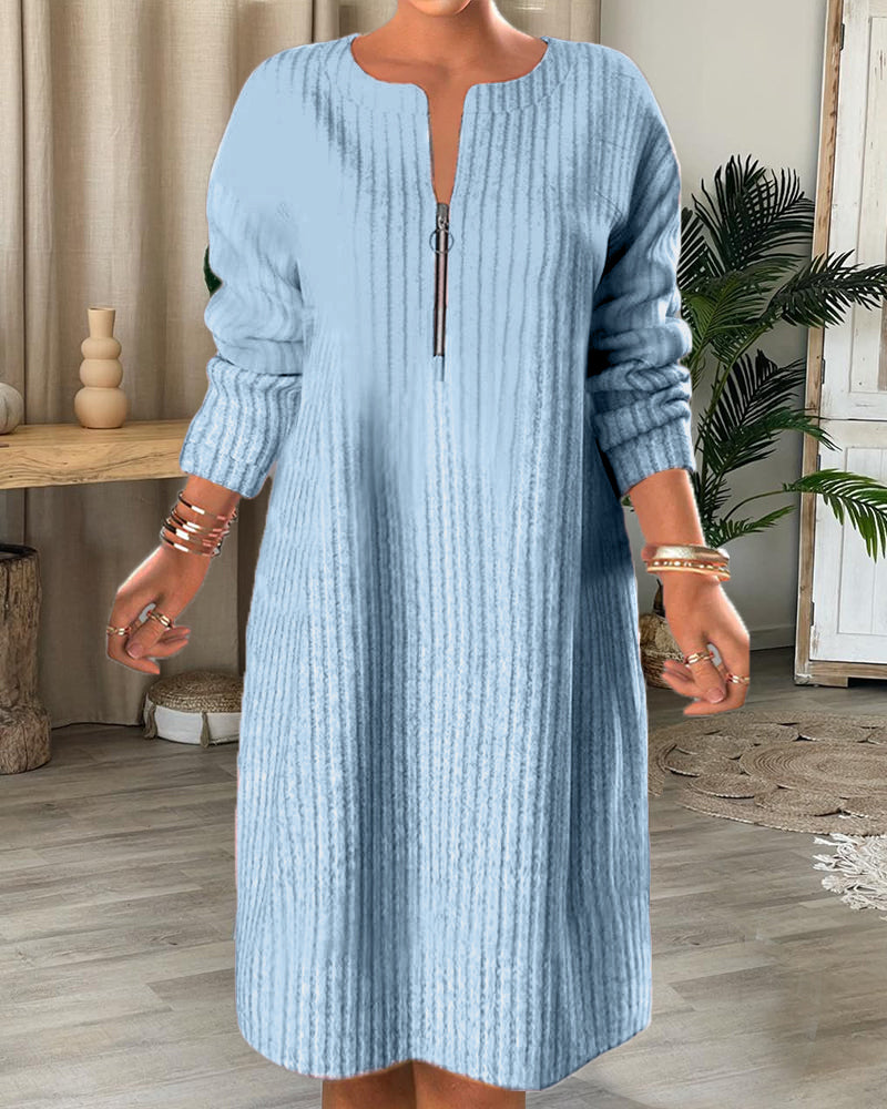 Solid Color Zipper Neck Dress