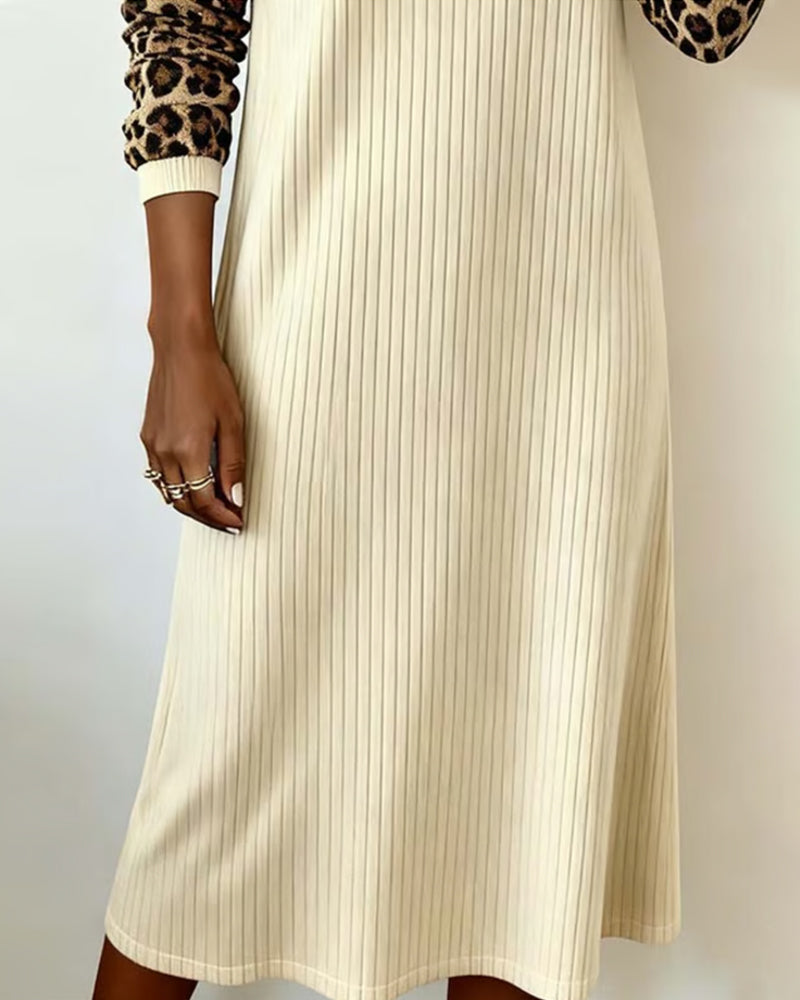 Casual Long-Sleeved Leopard Print Patchwork Dress